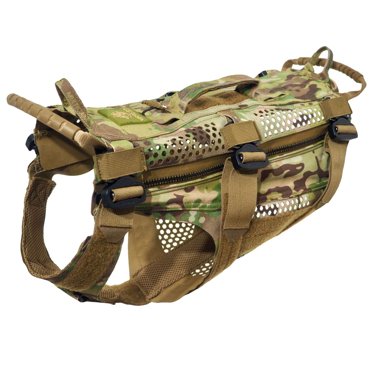 Camouflage tactical dog harness with mesh panels and adjustable straps for comfort and ventilation.