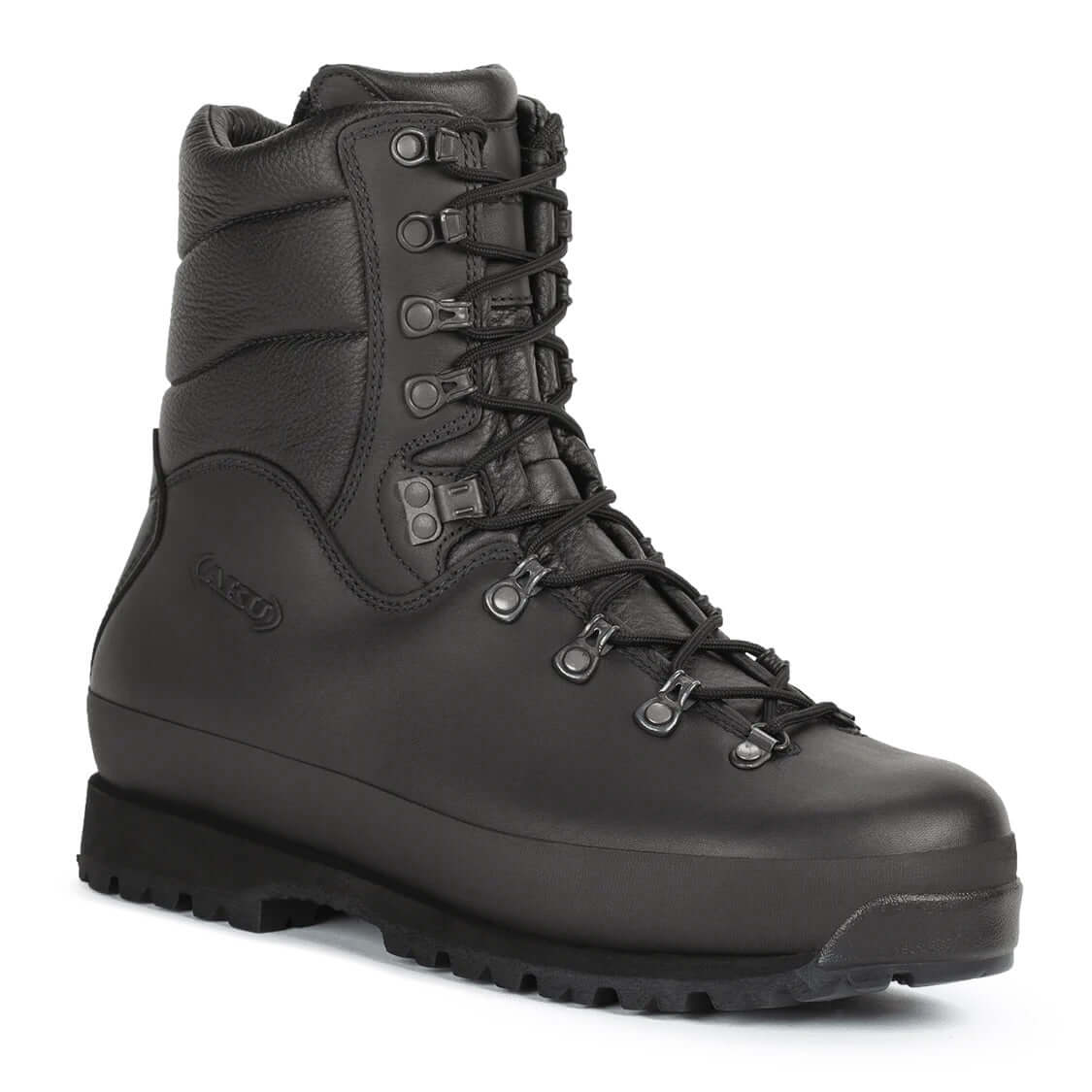 Black hiking boots from AKU, featuring sturdy lacing and a durable design for outdoor adventures.