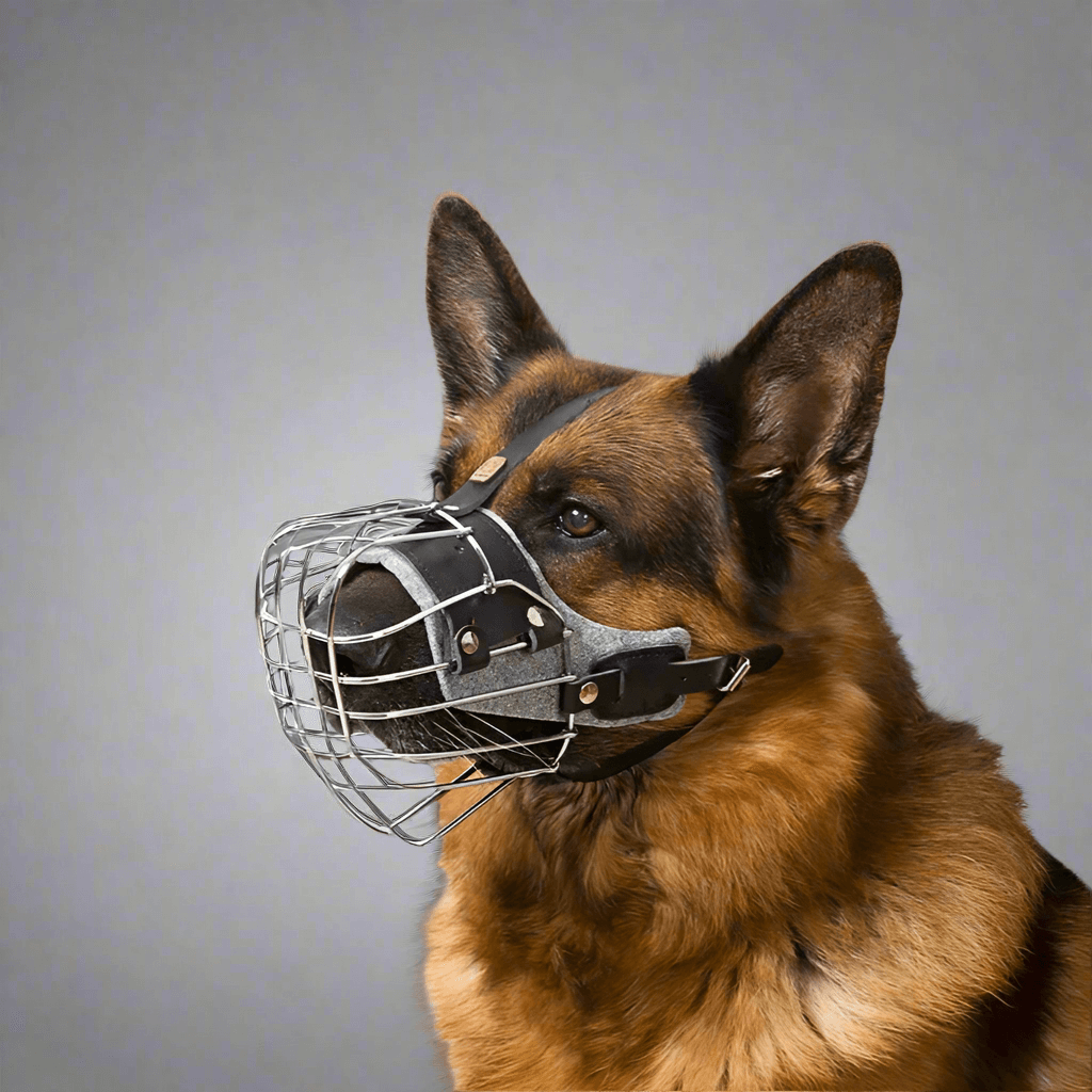 Professionell munkorg i läder och metall på en hund, säker och bekväm för hundträning och arbete.