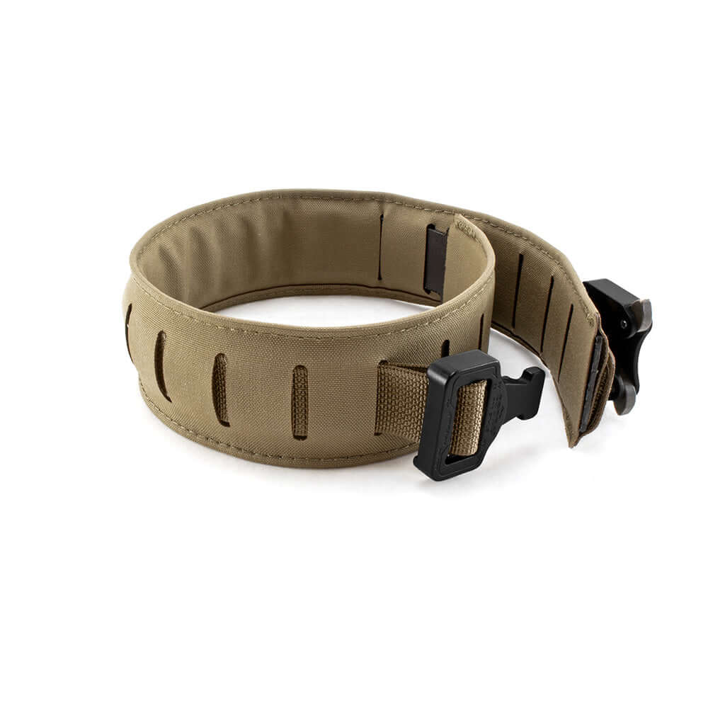 Rigid Modular Collar in tan, featuring durable design and tactical clips, ideal for dogs in active training.