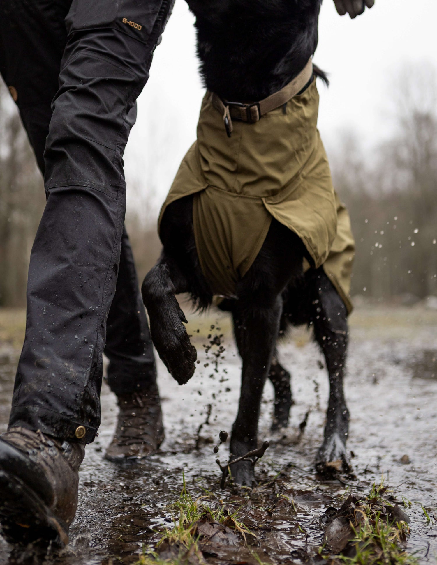 Regntäcke för hundar i lerig miljö, idealiskt för tuffa väderförhållanden.