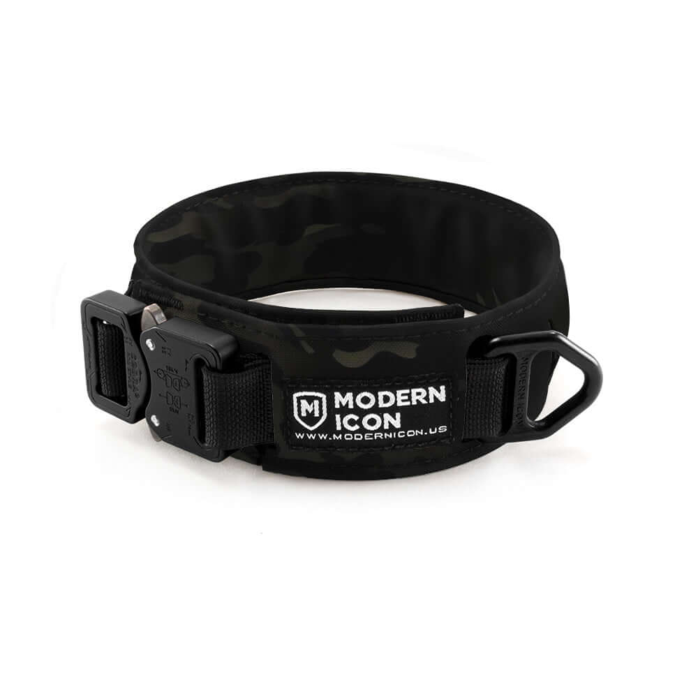 Rigid Modular Collar by Modern Icon in black camouflage, designed for tactical dog service and demanding sports.